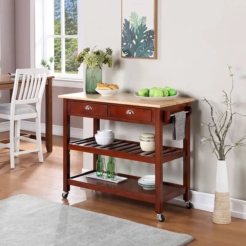3-Tier Butcher Block Kitchen Cart with Drawers