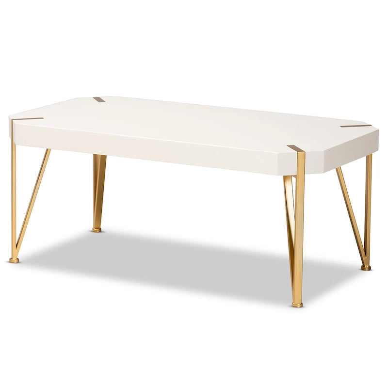 Glam Brushed Gold Metal and White Wood Coffee Table