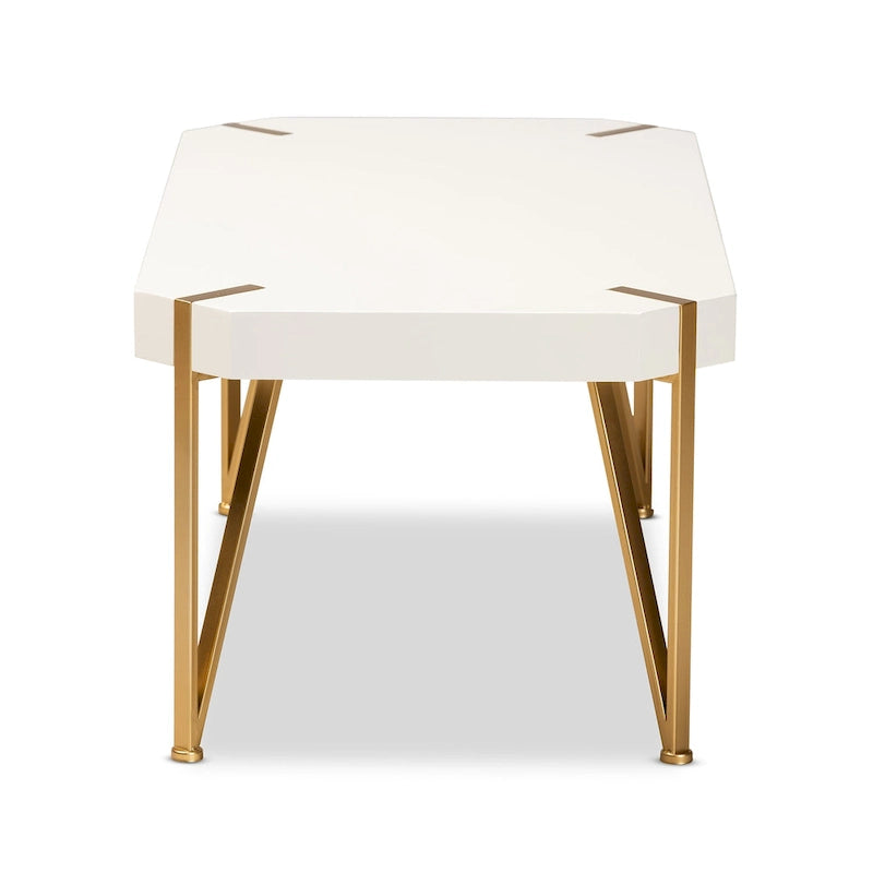 Glam Brushed Gold Metal and White Wood Coffee Table