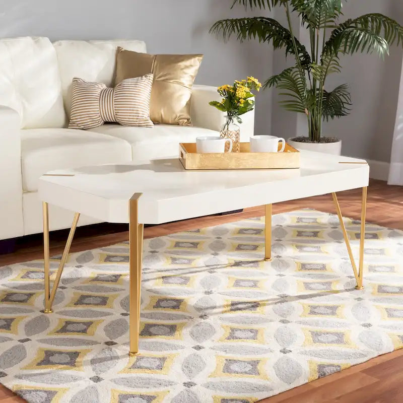 Glam Brushed Gold Metal and White Wood Coffee Table