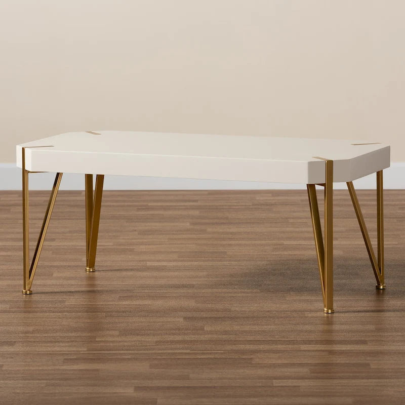 Glam Brushed Gold Metal and White Wood Coffee Table