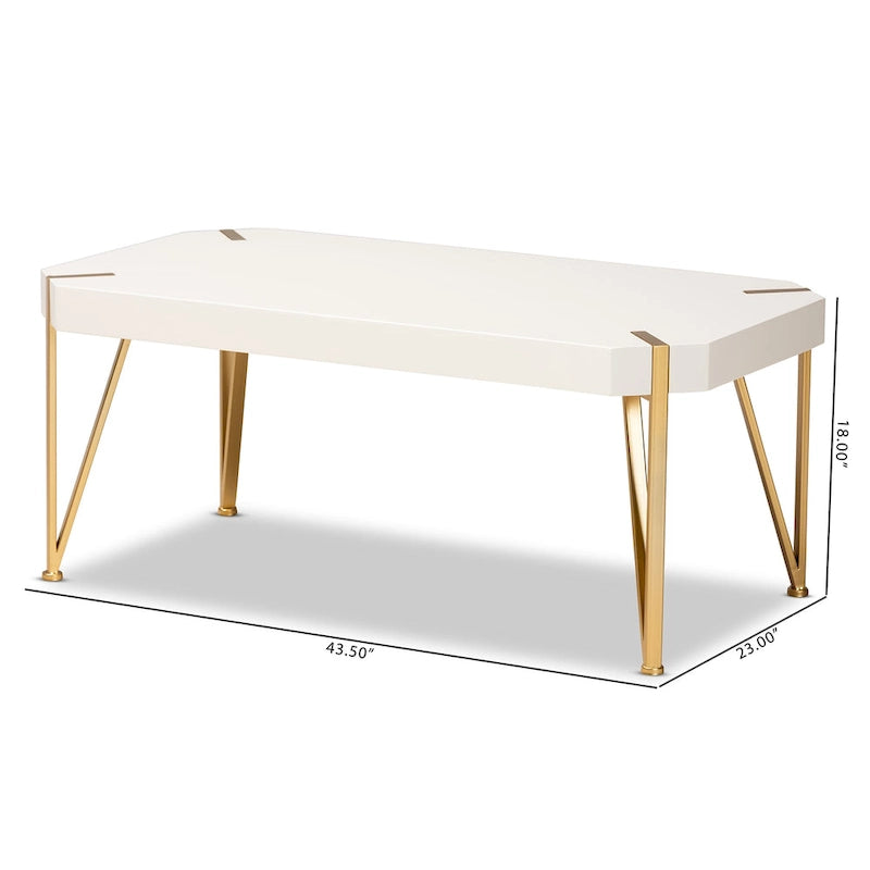Glam Brushed Gold Metal and White Wood Coffee Table