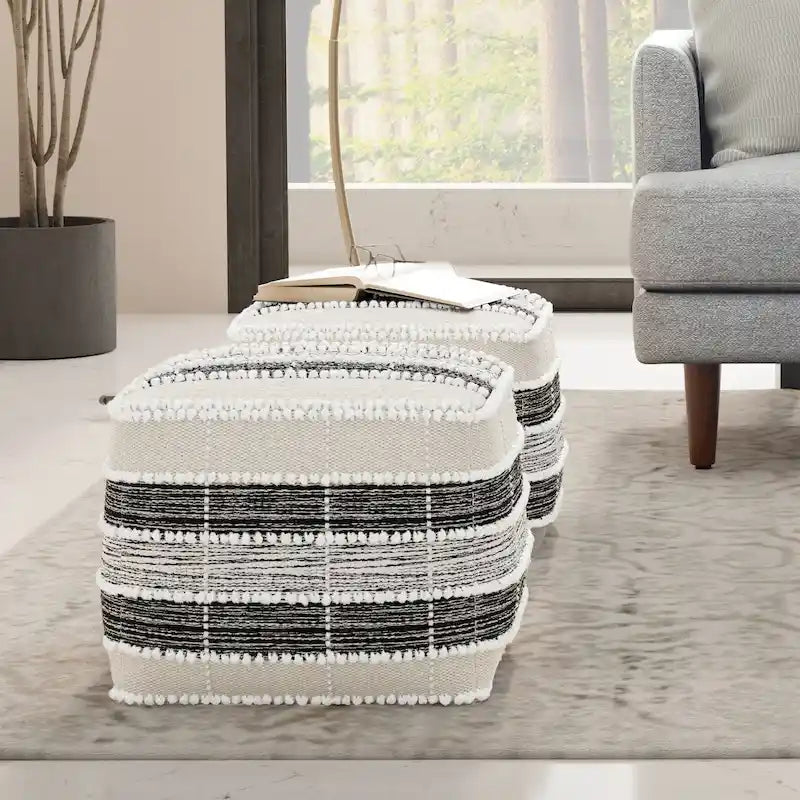 Boho Square Pouf – White, Beige & Black Woven Polyester