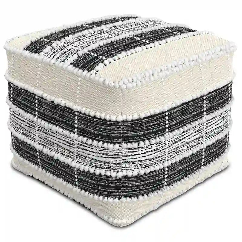 Boho Square Pouf – White, Beige & Black Woven Polyester