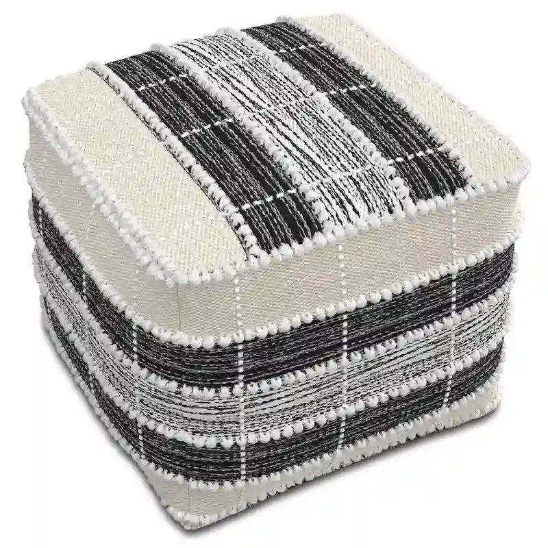 Boho Square Pouf – White, Beige & Black Woven Polyester