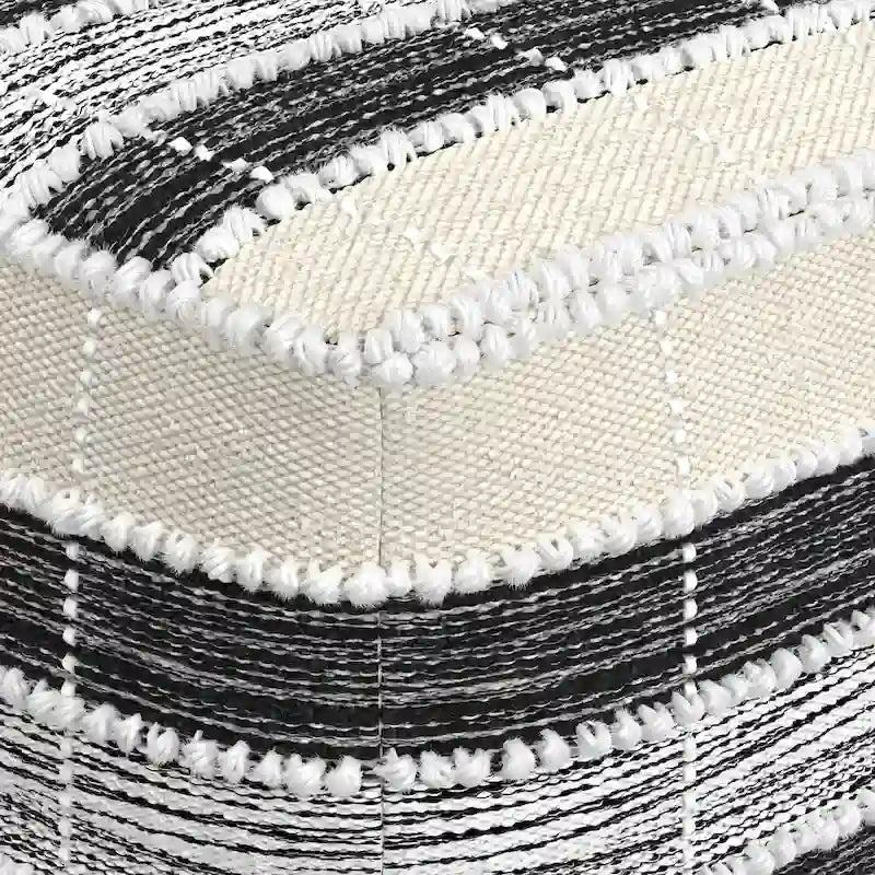 Boho Square Pouf – White, Beige & Black Woven Polyester