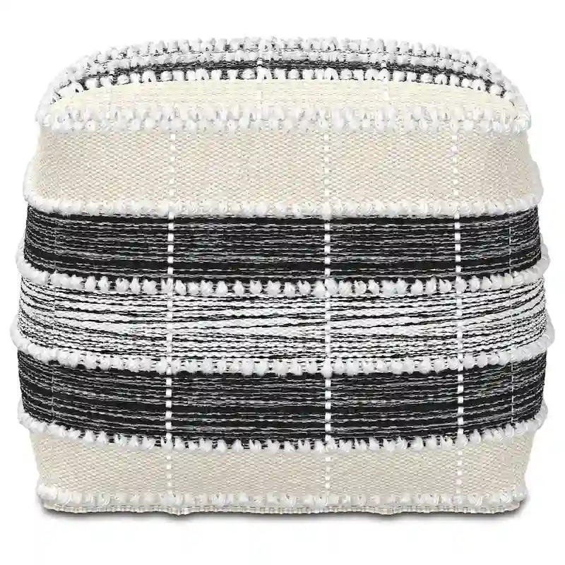 Boho Square Pouf – White, Beige & Black Woven Polyester