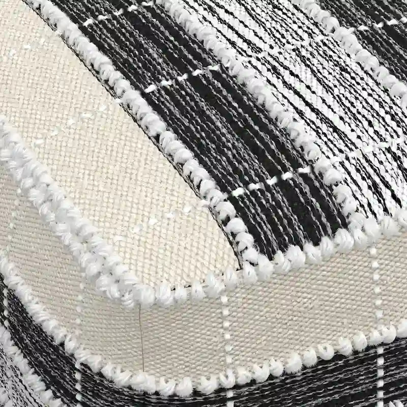 Boho Square Pouf – White, Beige & Black Woven Polyester