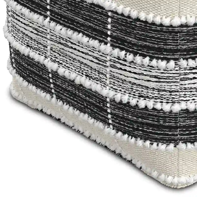 Boho Square Pouf – White, Beige & Black Woven Polyester