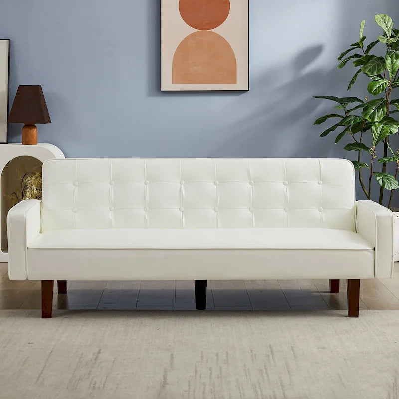 Convertible PU Leather Futon Sofa Bed – Channel Tufted, 3-Seater