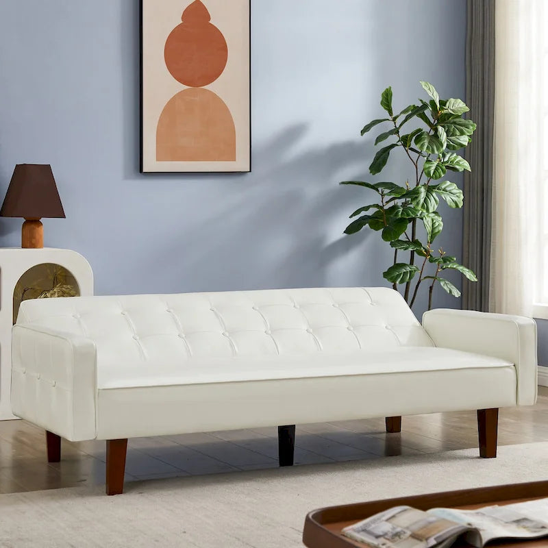 Convertible PU Leather Futon Sofa Bed – Channel Tufted, 3-Seater