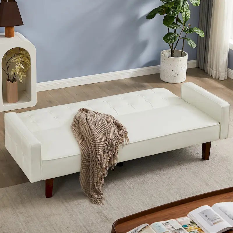 Convertible PU Leather Futon Sofa Bed – Channel Tufted, 3-Seater