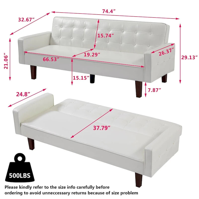 Convertible PU Leather Futon Sofa Bed – Channel Tufted, 3-Seater