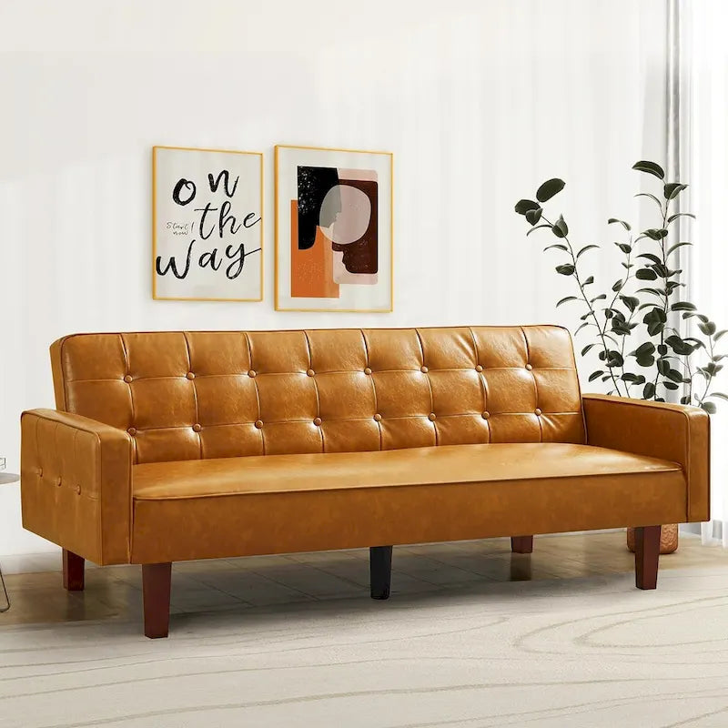 Convertible PU Leather Futon Sofa Bed – Channel Tufted, 3-Seater