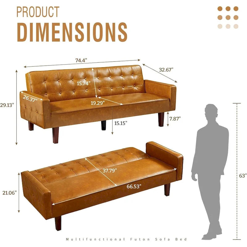 Convertible PU Leather Futon Sofa Bed – Channel Tufted, 3-Seater