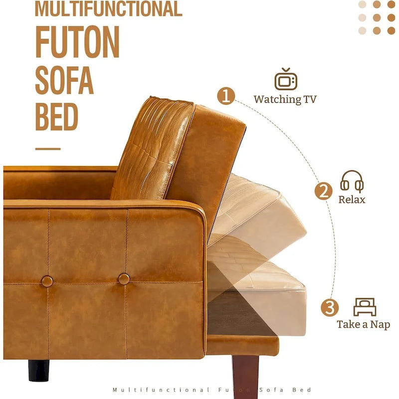 Convertible PU Leather Futon Sofa Bed – Channel Tufted, 3-Seater