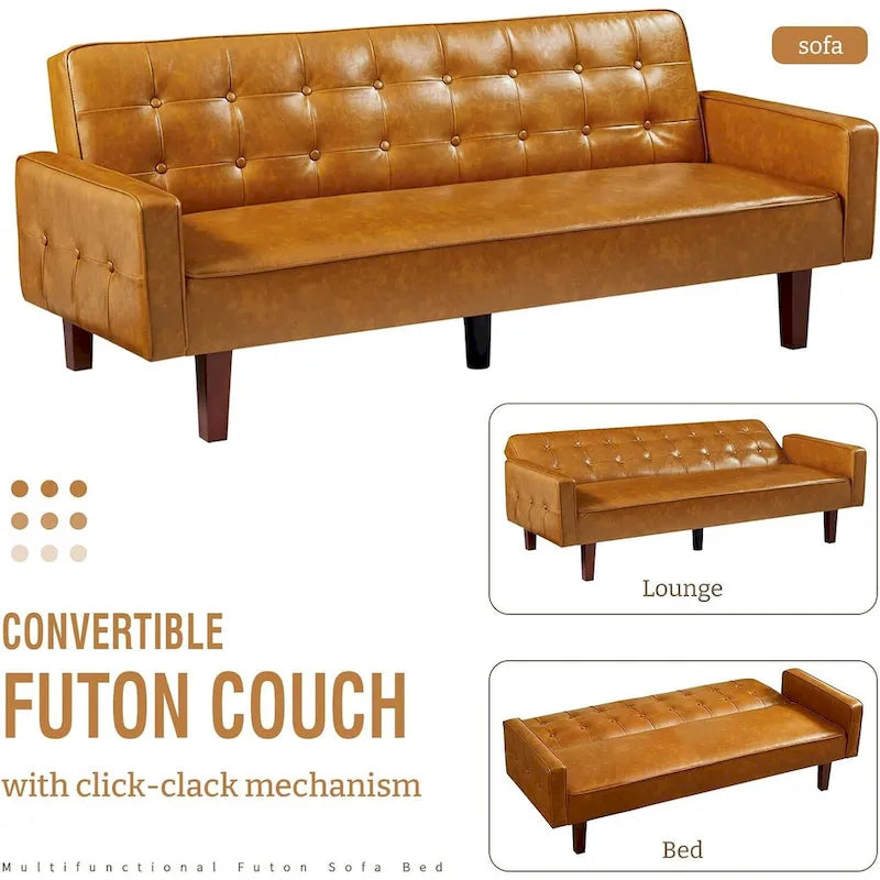 Convertible PU Leather Futon Sofa Bed – Channel Tufted, 3-Seater
