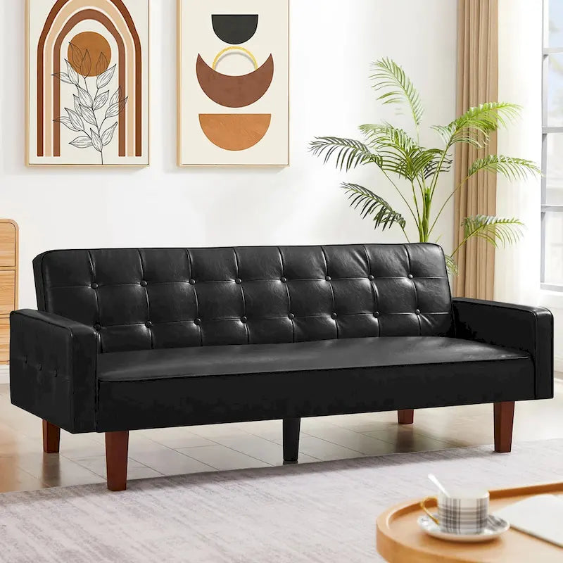 Convertible PU Leather Futon Sofa Bed – Channel Tufted, 3-Seater