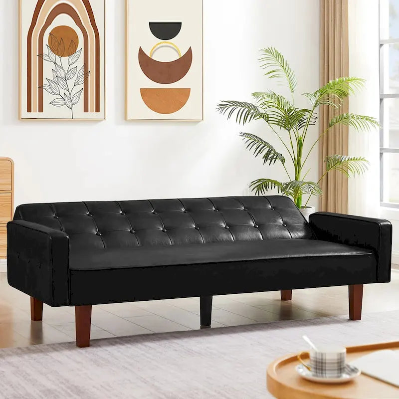 Convertible PU Leather Futon Sofa Bed – Channel Tufted, 3-Seater