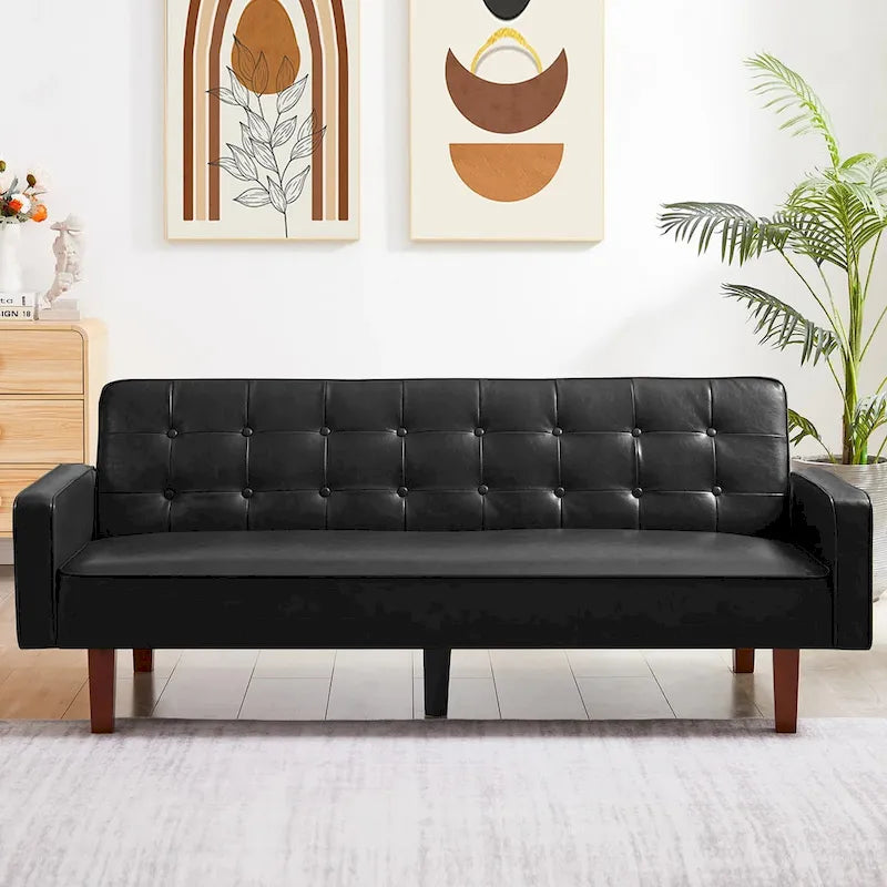 Convertible PU Leather Futon Sofa Bed – Channel Tufted, 3-Seater
