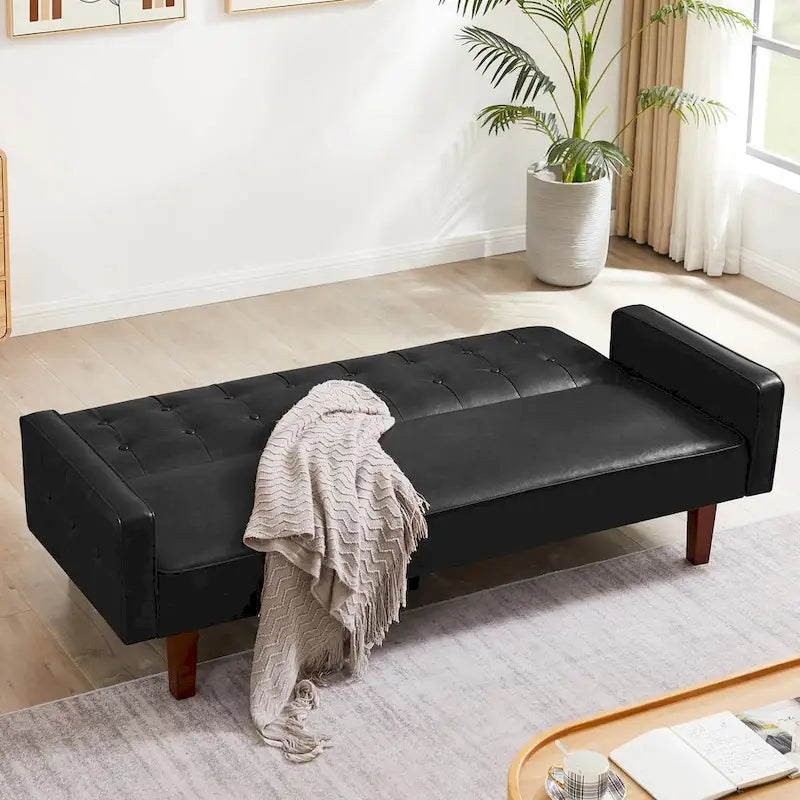 Convertible PU Leather Futon Sofa Bed – Channel Tufted, 3-Seater