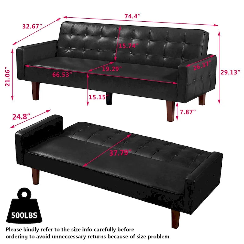 Convertible PU Leather Futon Sofa Bed – Channel Tufted, 3-Seater