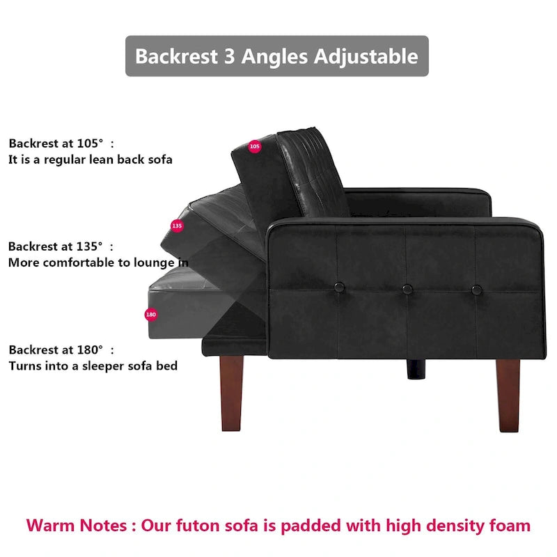 Convertible PU Leather Futon Sofa Bed – Channel Tufted, 3-Seater