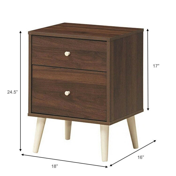 2-Drawer Nightstand Beside End Side Table with Rubber Legs-Walnut - 18 x 16 x 24.5 (L x W x H)