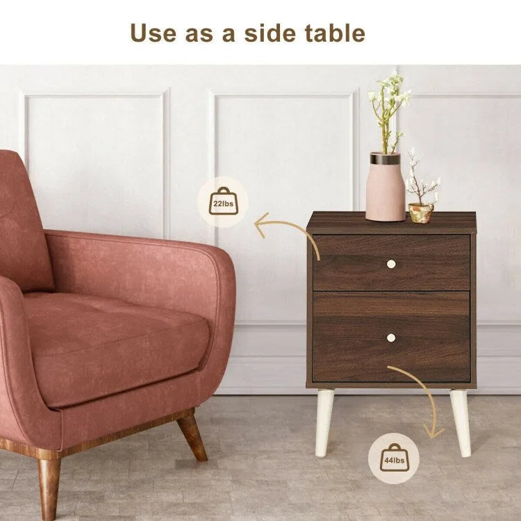 2-Drawer Nightstand Beside End Side Table with Rubber Legs-Walnut - 18 x 16 x 24.5 (L x W x H)