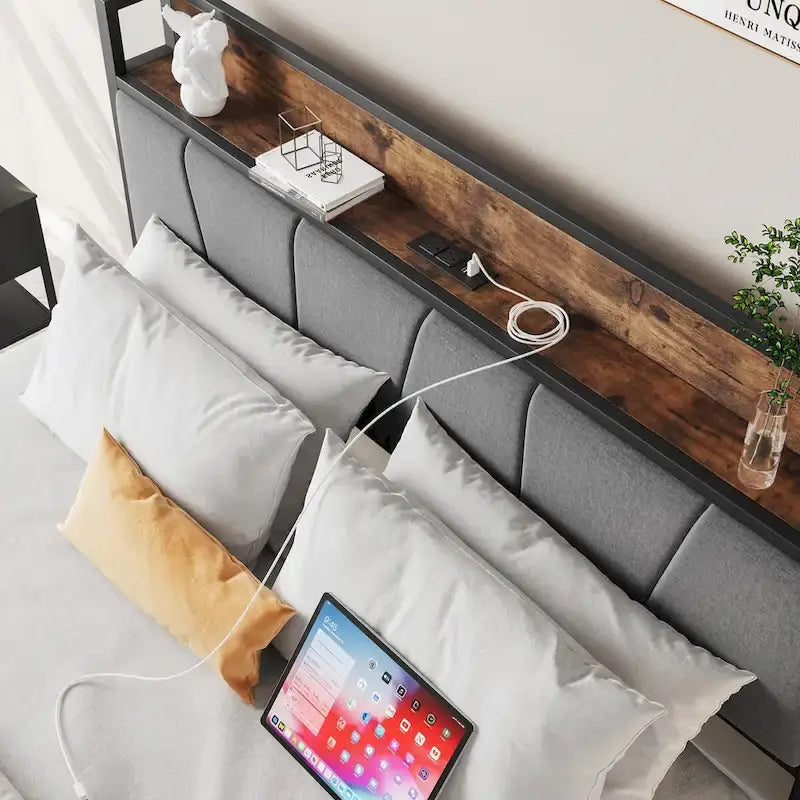 Queen/Full Size Bed Frame, Storage Headboard with Charging Station and 2 Drawers