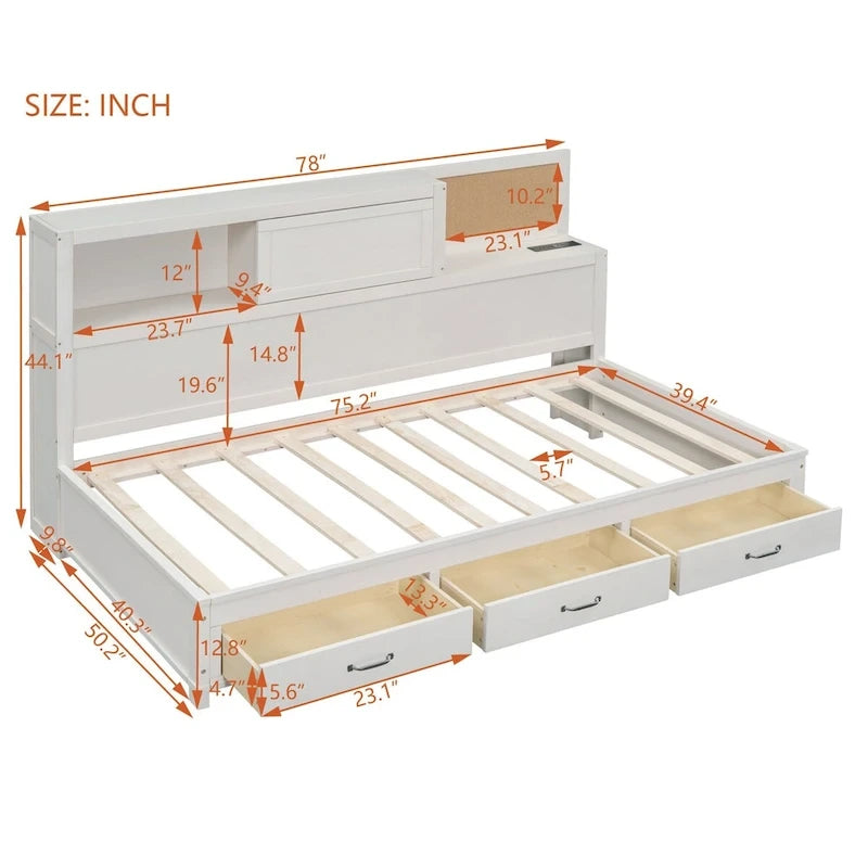 Twin Size Wooden Daybed with 3 Drawers and USB Ports