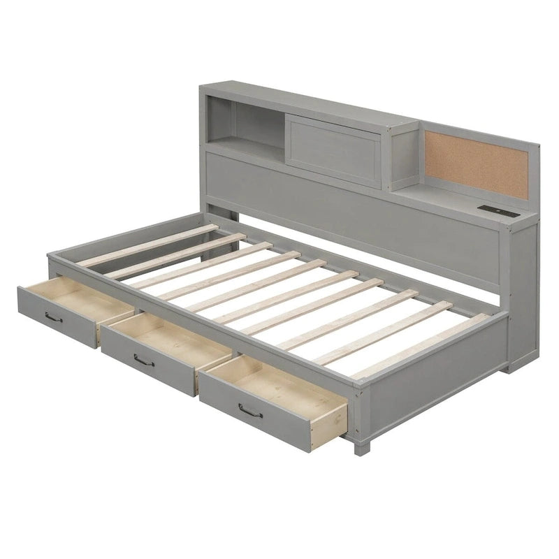 Twin Size Wooden Daybed with 3 Drawers and USB Ports