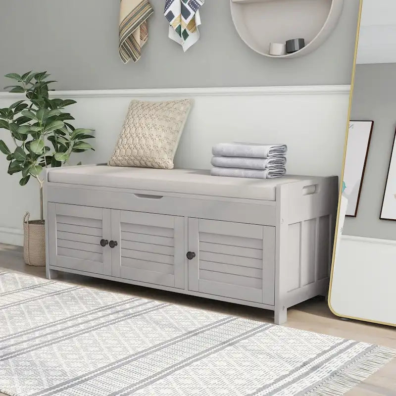 Storage Shoes Bench with 3 Shutter-shaped Doors and Removable Cushion