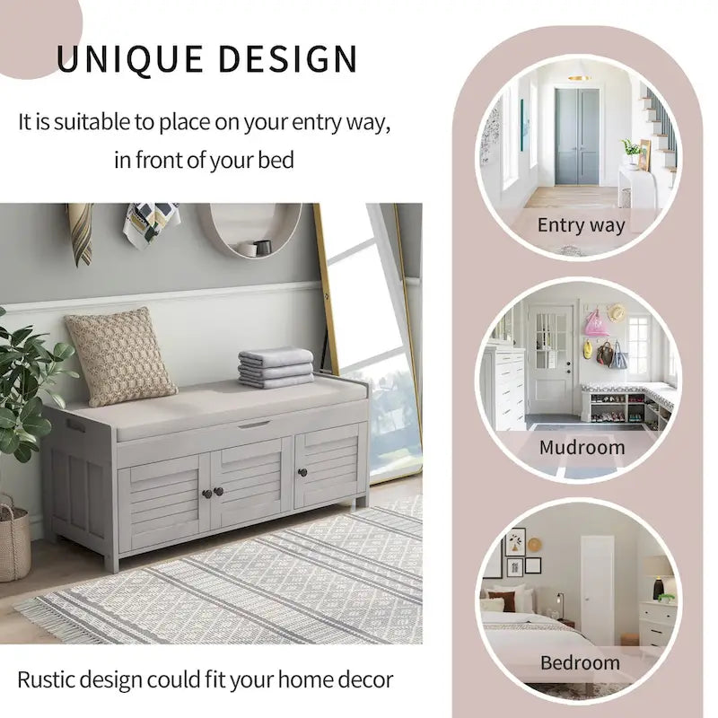 Storage Shoes Bench with 3 Shutter-shaped Doors and Removable Cushion