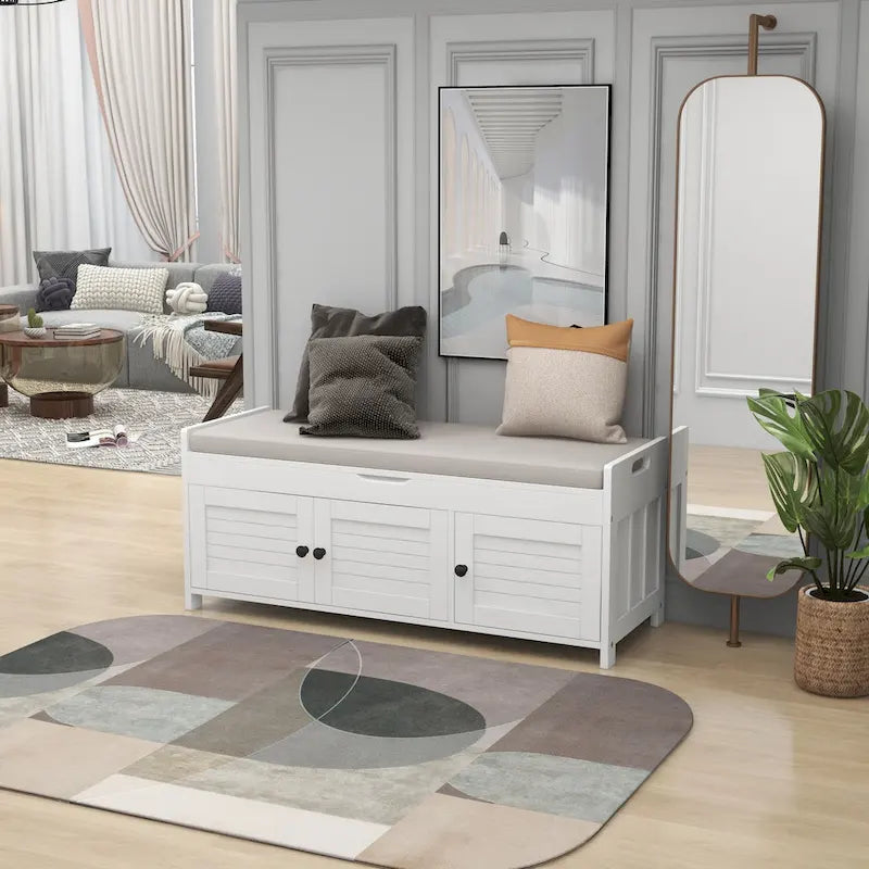 Storage Shoes Bench with 3 Shutter-shaped Doors and Removable Cushion