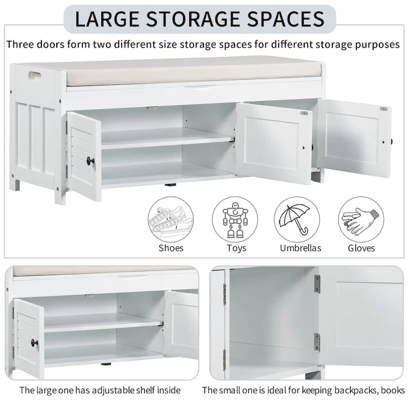 Storage Shoes Bench with 3 Shutter-shaped Doors and Removable Cushion
