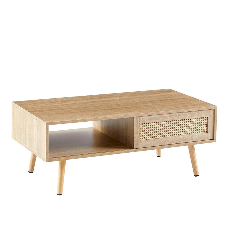 Modern Rattan Coffee Table – Wooden with Rattan Door Panel & Solid Wood Legs