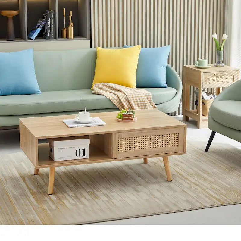 Modern Rattan Coffee Table – Wooden with Rattan Door Panel & Solid Wood Legs