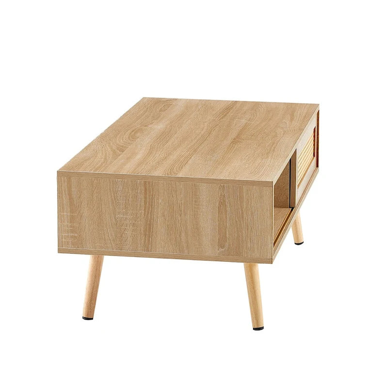 Modern Rattan Coffee Table – Wooden with Rattan Door Panel & Solid Wood Legs