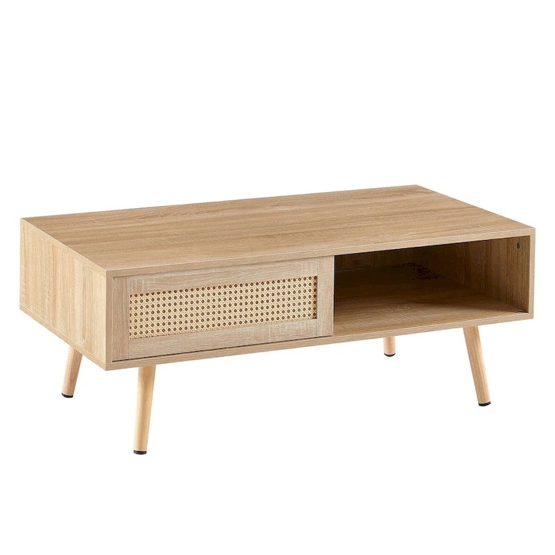 Modern Rattan Coffee Table – Wooden with Rattan Door Panel & Solid Wood Legs