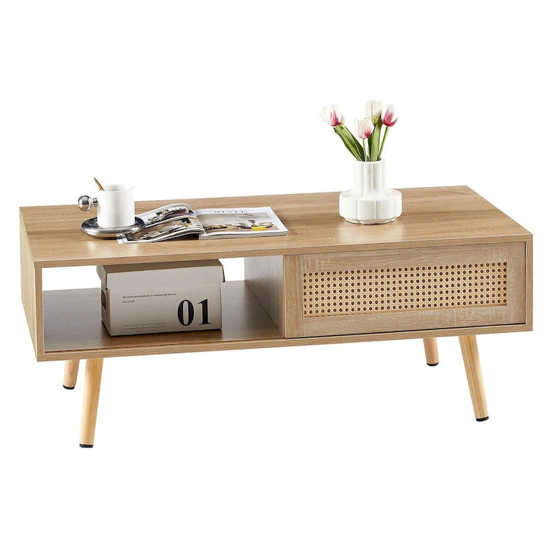 Modern Rattan Coffee Table – Wooden with Rattan Door Panel & Solid Wood Legs