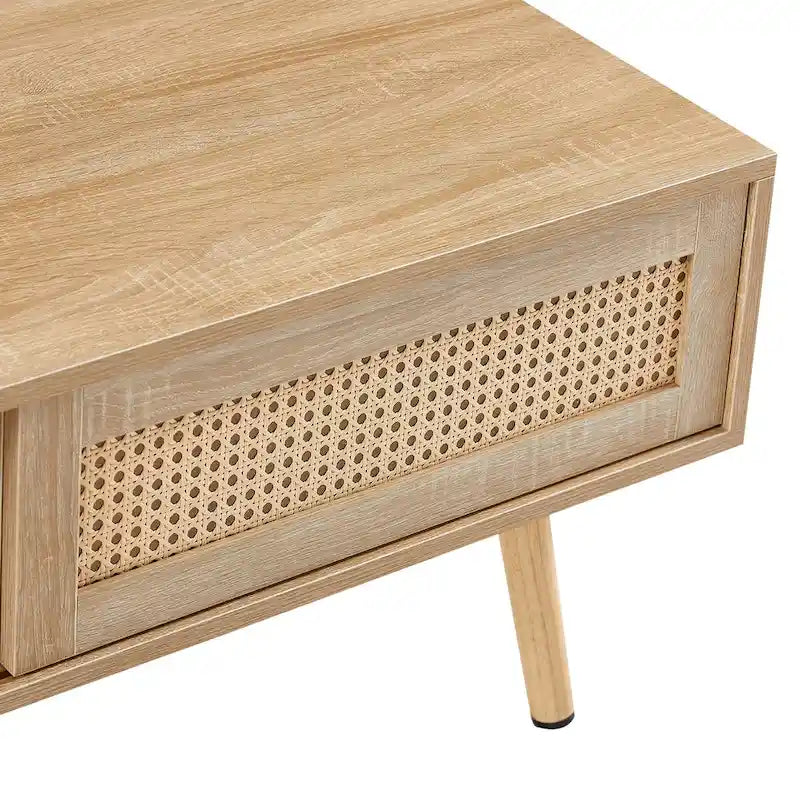 Modern Rattan Coffee Table – Wooden with Rattan Door Panel & Solid Wood Legs