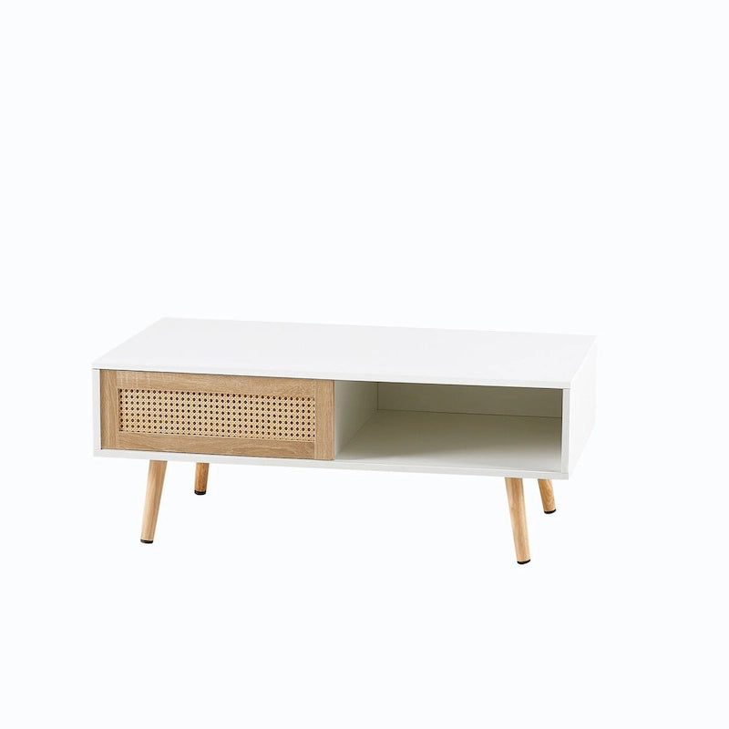 Modern Rattan Coffee Table – Wooden with Rattan Door Panel & Solid Wood Legs