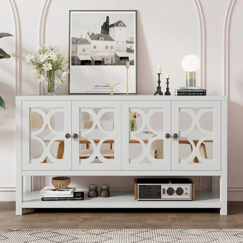 Elegant Retro Console Table with Mirrored Doors, Spacious Shelves and Durable Acacia Wood Legs