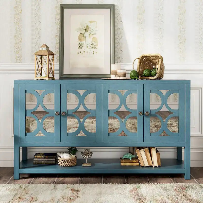Elegant Retro Console Table with Mirrored Doors, Spacious Shelves and Durable Acacia Wood Legs