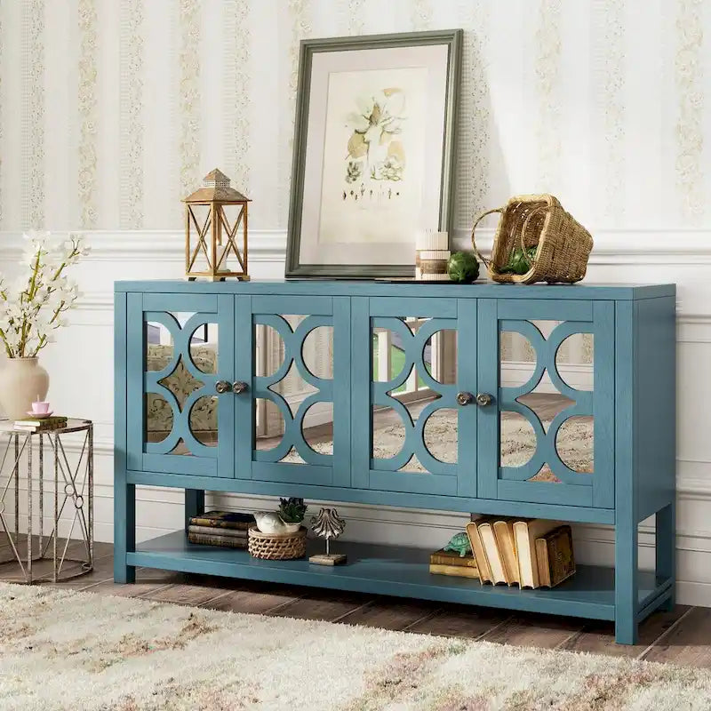 Elegant Retro Console Table with Mirrored Doors, Spacious Shelves and Durable Acacia Wood Legs