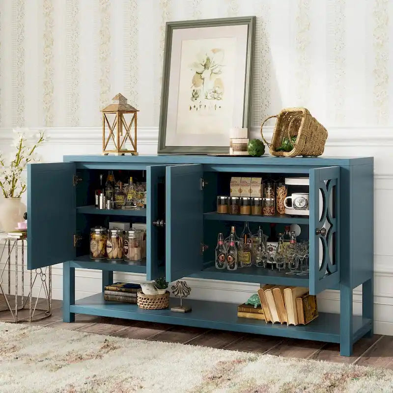 Elegant Retro Console Table with Mirrored Doors, Spacious Shelves and Durable Acacia Wood Legs