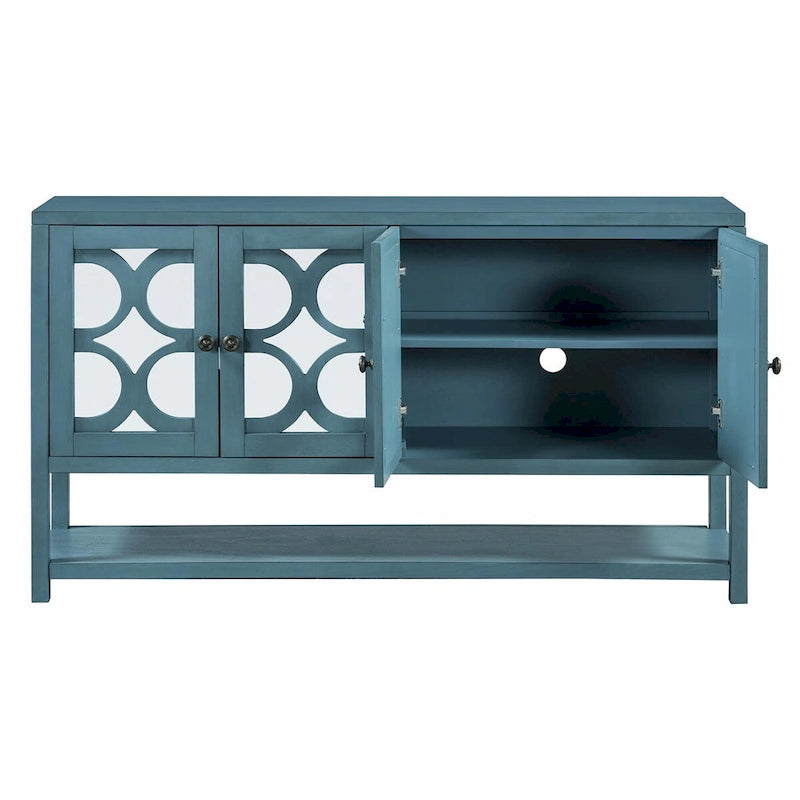 Elegant Retro Console Table with Mirrored Doors, Spacious Shelves and Durable Acacia Wood Legs