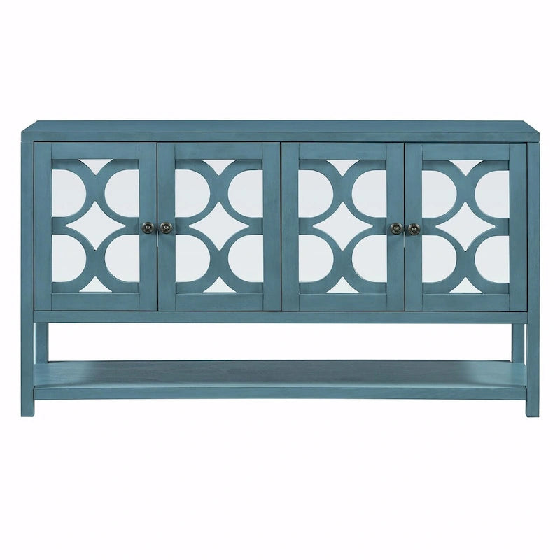 Elegant Retro Console Table with Mirrored Doors, Spacious Shelves and Durable Acacia Wood Legs