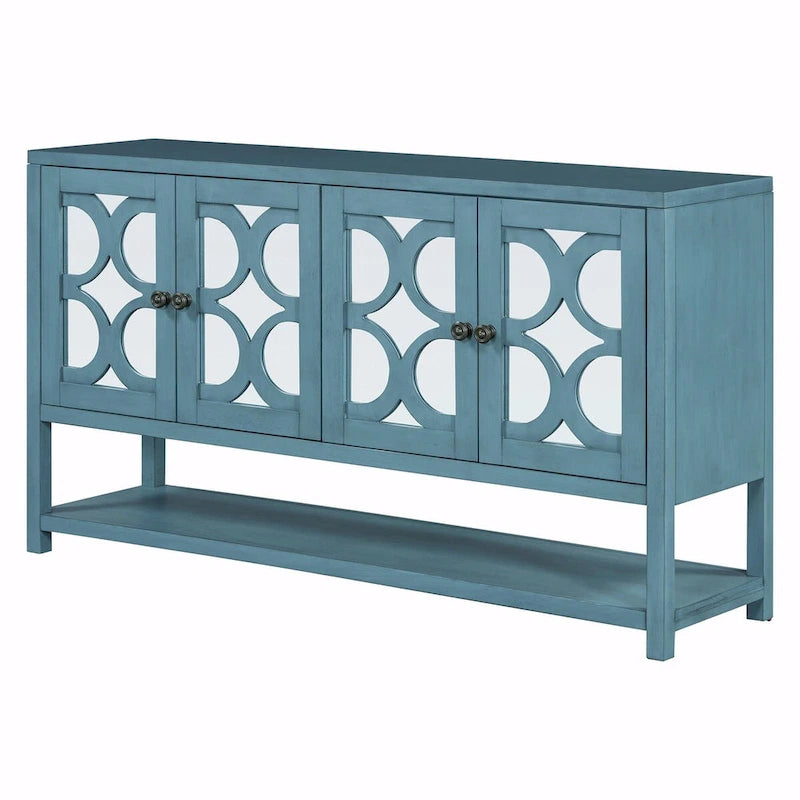 Elegant Retro Console Table with Mirrored Doors, Spacious Shelves and Durable Acacia Wood Legs
